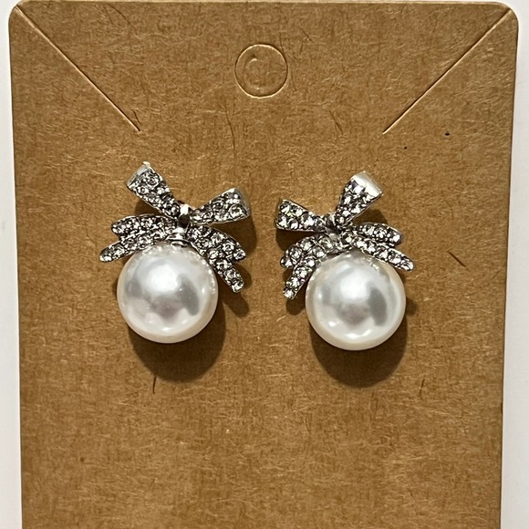 Jewelry - Silver Bow Faux Pearl Stud Earrings Crystal Rhinestone Bridal‎ Wedding Coquette